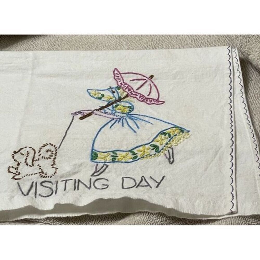 Vintage Cotten Decora Towel Embroidered'Visiting‎ Day' Girl, Dog, Parasol White